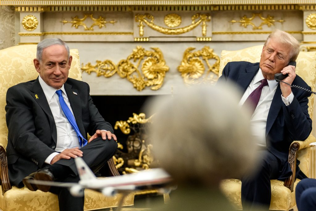 President Donald J. Trump hosts a trilateral phone call with Prime Minister Benjamin Netanyahu of Israel and Prime Minister Mohammed bin Abdulrahman bin Jassim Al Thani of Qatar in the Oval Office.